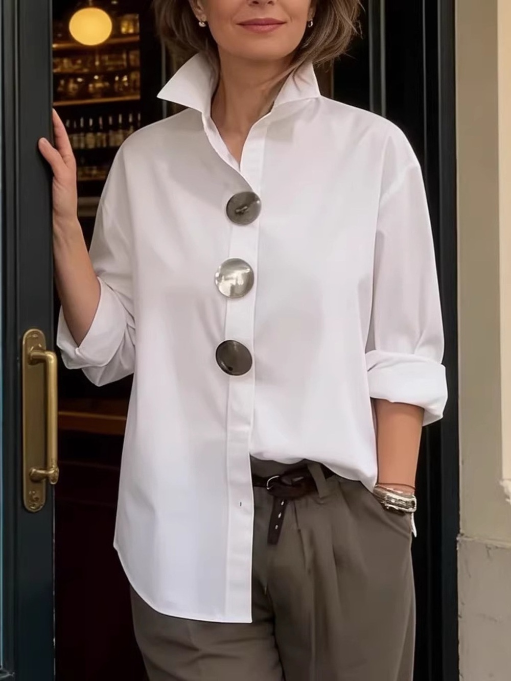 Full Size Oversized Metal Button Long Sleeve Shirt Plus Size